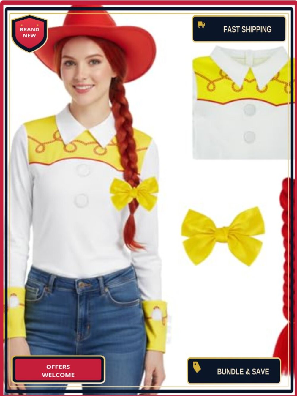 PAINEOMN Jessie Costume Women Cowgirl Polyester Long Sleeve T-Shirt with Wig